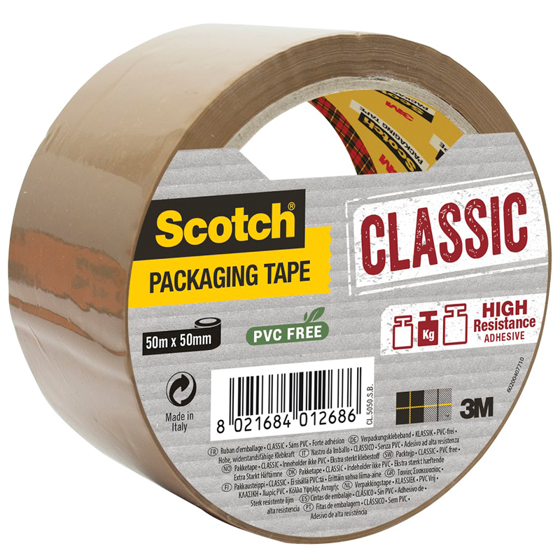 Клейкая лента упаковочная Scotch "Classic. Hot Melt", 50мм*50м, 43мкм, коричневая