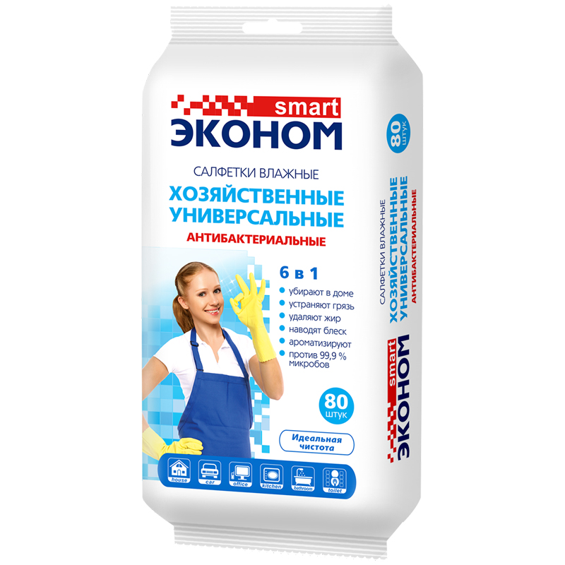 Салфетки влажные Эконом Smart, 80шт., хозяйственные, антибактериальные