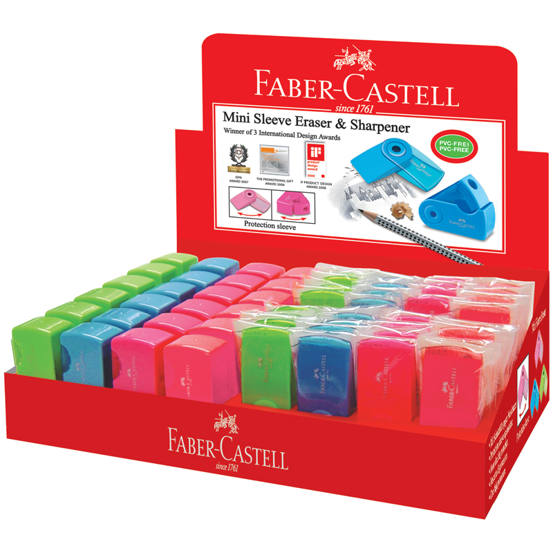 Точилка пластиковая Faber-Castell "Sleeve Mini" 1 отв., конт-р, 24шт+ластик "Sleeve Mini"прямоуг., 54*25*13мм, пласт. футляр, 32шт., ассорти, дисплей