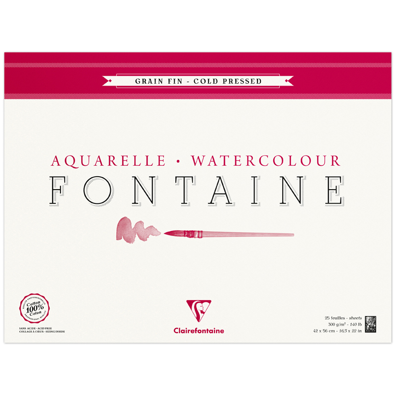 Альбом для акварели, 25л., 42*56, на склейке Clairefontaine "Fontaine Grain Fin", 300г/м2, холод. пресс., мелкое зерно