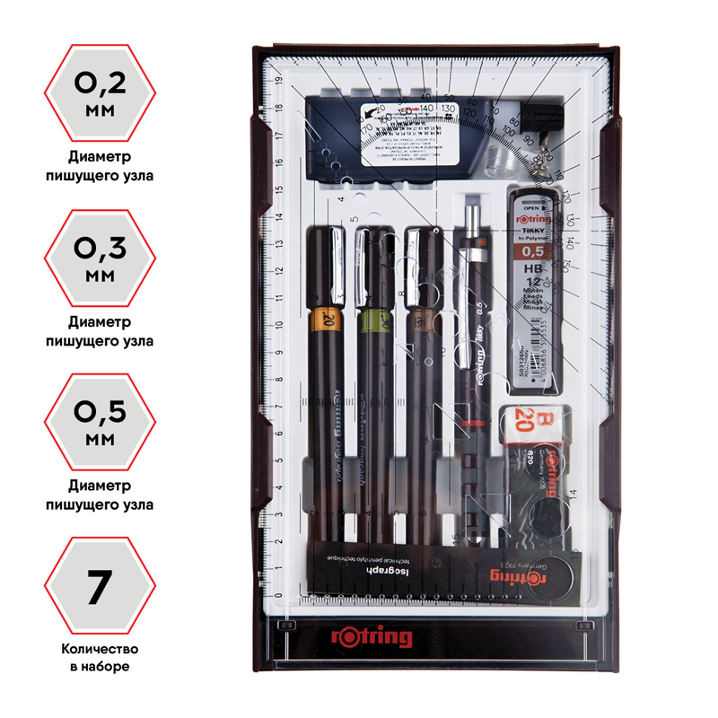 УЦЕНКА-Набор изографов Rotring 0.2/0.3/0.5 мм, мех. карандаш 0.5 мм, грифели, ластик, насадка для циркуля