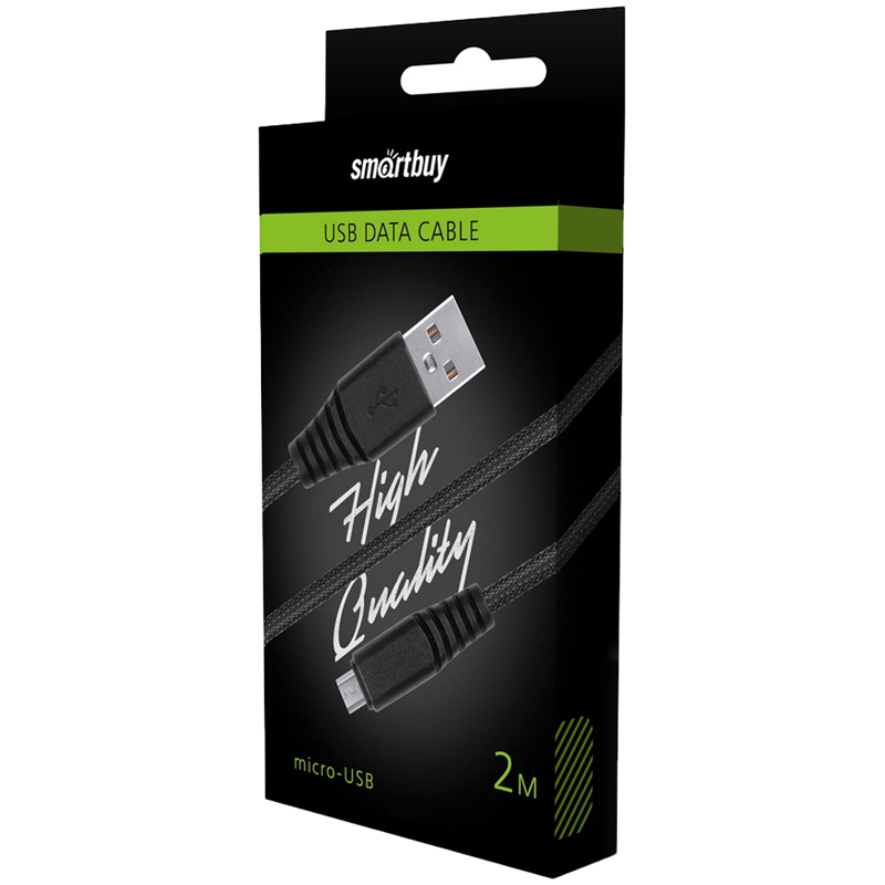 Кабель Smartbuy Сarbon, USB2.0 (A) - microUSB (B), экстрапрочный, 2A output, 2м, черный
