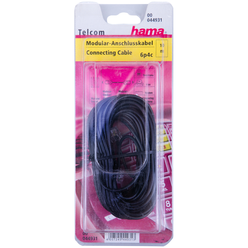 Кабель телефонный Hama, 6p4c (m-m), 10 м, черный
