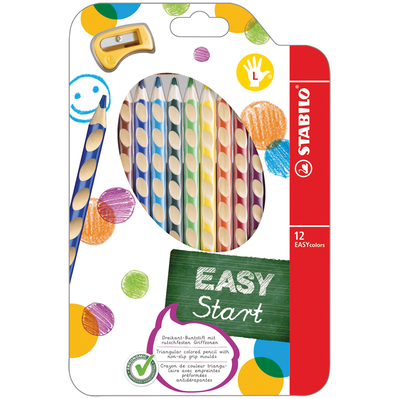 Карандаши цветные Stabilo "EasyColors" для левшей,12цв.,трехг., утолщ.,заточ.,картон,европ.,точилка