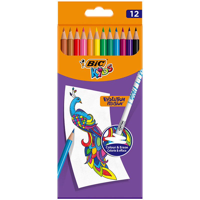 Карандаши цветные пластиковые Bic "Evolution Illusion", 12цв., стираемые, заточен., картон. Коробка