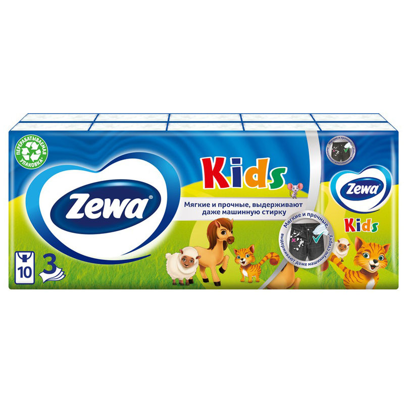 Платки бумажные носовые Zewa "Kids", детские, 10 пачек по 10шт.
