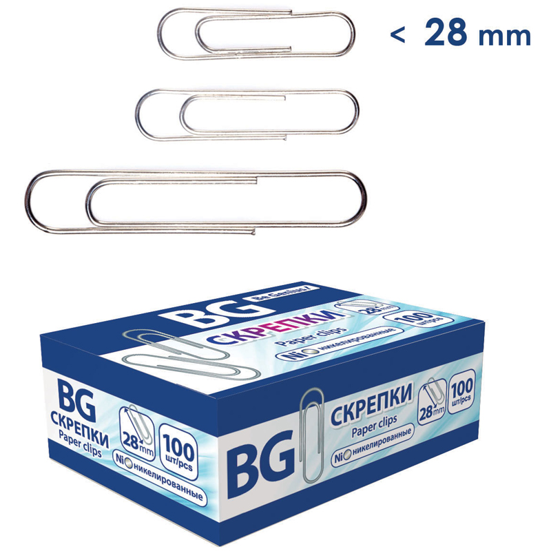 Скрепки 28мм, BG, 100шт., никелированные, картонная упаковка