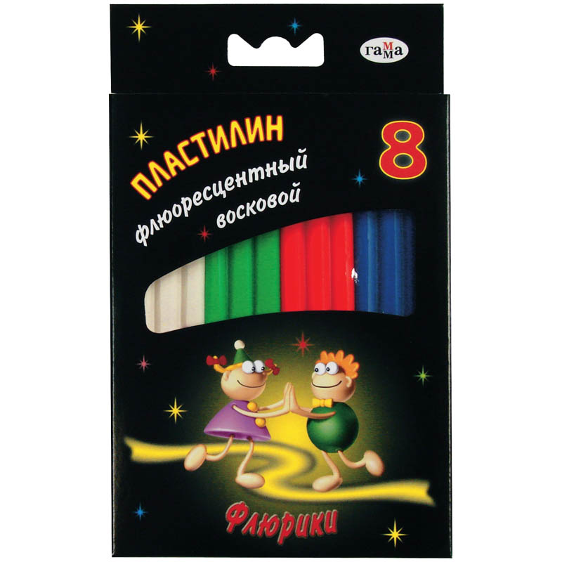 Пластилин флуоресцентный Гамма "Флюрики", 08 цветов, со стеком, картон. упак., европодвес
