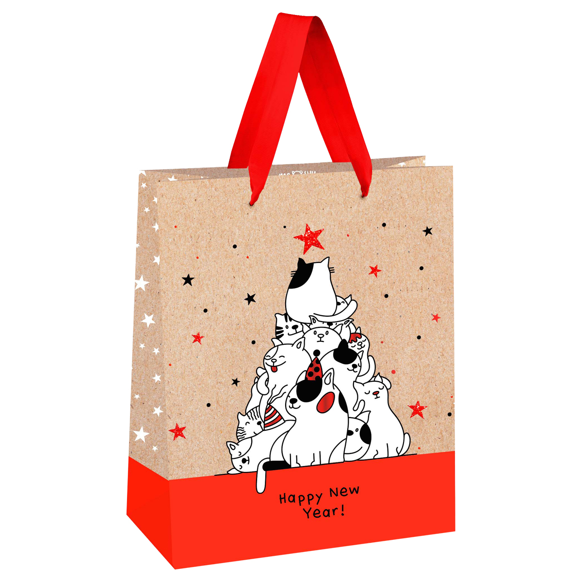 Пакет подарочный 18*23*10см MESHU "New Year of Cats", выб. лак, блестки, крафт