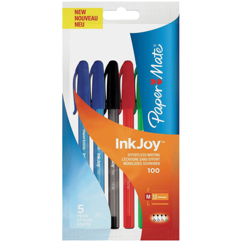 Набор шариковых ручек Paper Mate "InkJoy 100", 5шт., ассорти, 1,0мм, пакет, европодвес