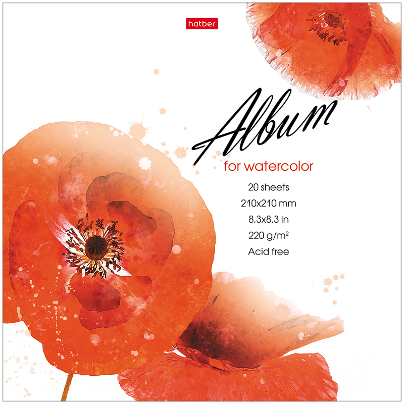 Альбом для акварели 20л, 210*210мм, на склейке Hatber "Painted Flowers", 220г/м2, мат.ламин, тиснени