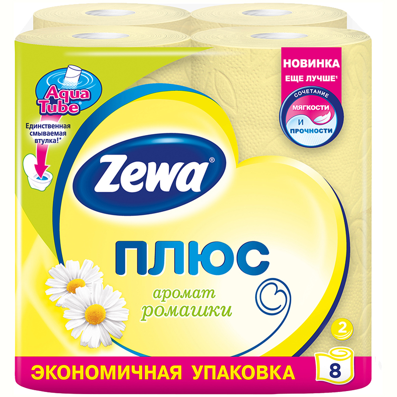 Бумага туалетная Zewa плюс 2-х слойн., 8шт., тиснение, желтая, ромашка