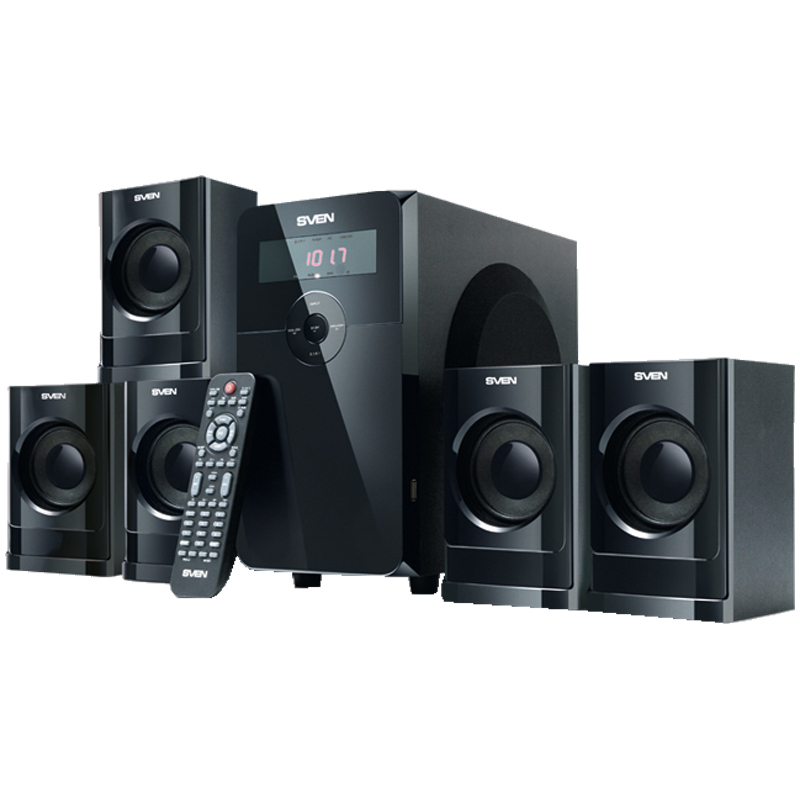 Колонки Sven HT-200, 5*12W+Subwoofer 20W, деревянный корпус, FM, LED-дисплей, пульт, USB, SD, черный