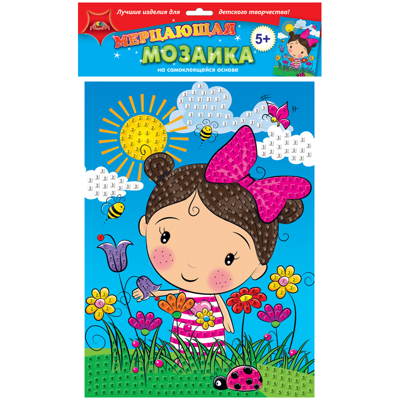 Мозаика мерцающая на самоклеящейся основе Апплика "Девочка на лугу ", 25*35см, из мягкого пластика