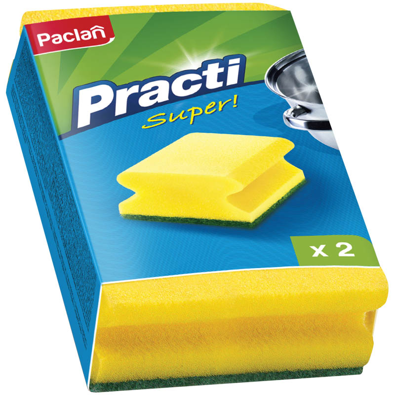 Губки для посуды Paclan "Practi", поролон с абразивным слоем с выемкой для пальцев, 2шт.