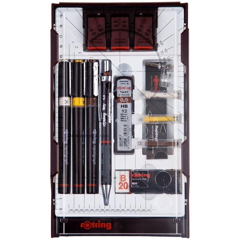 УЦЕНКА-Набор рапидографов Rotring 0.25/0.35/0.5 мм, мех. карандаш 0.5 мм, грифели, ластик, насадка для циркуля