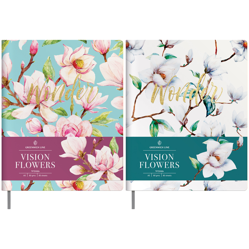 Тетрадь 80л. А5, клетка, ЛАЙТ, кожзам, Greenwich Line "Vision.Flowers", тон. блок, цв. срез