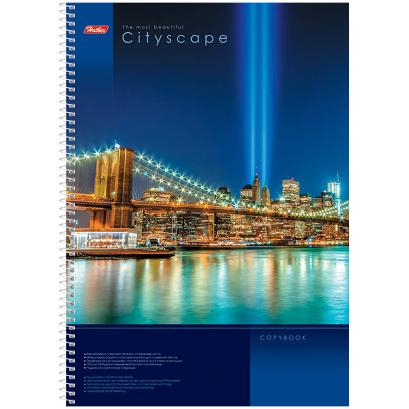 Тетрадь 100л. А4 клетка на спирали "CityScape", с карманом