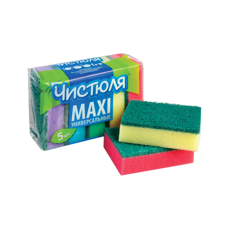 Губки для посуды Чистюля, поролон с абразивным слоем, макси, 5шт.