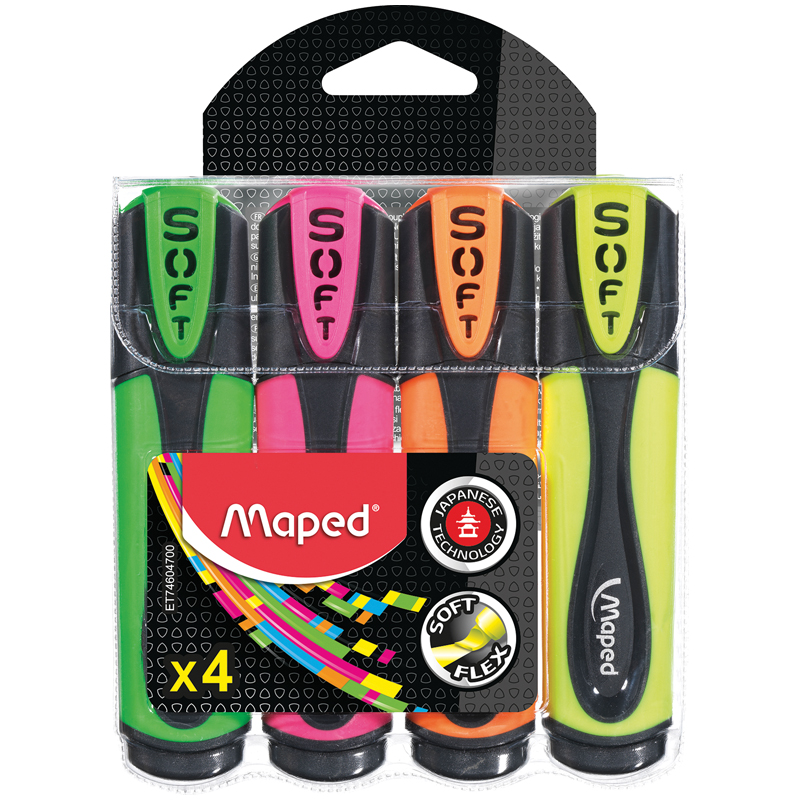 Набор текстовыделителей Maped "Ultra Soft" 4цв., 1-5мм, гибкий пишущий узел, чехол с европодвесом