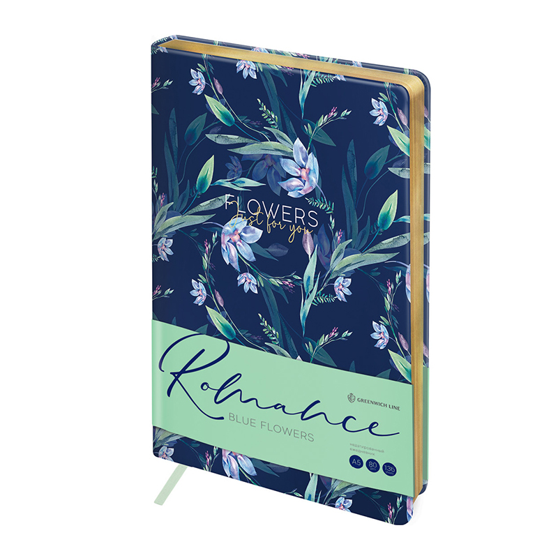 Ежедневник недатир. А5, 136л., кожзам, Greenwich Line "Romance. Blue flowers", тон. блок, зол. cрез