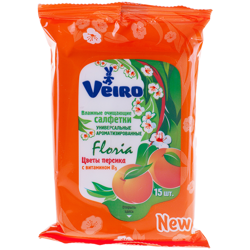 Салфетки влажные Veiro "Floria", 15*20см, 15шт., аромат персика