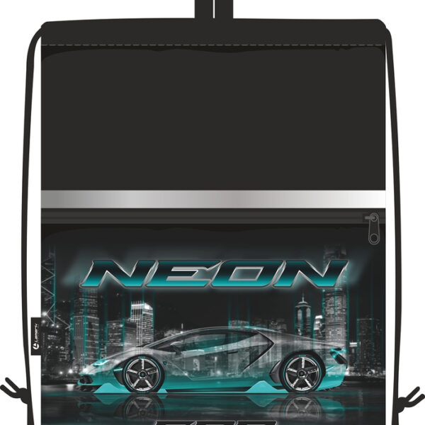 Сумка для сменной обуви Lamark Neon Car/Неоновый авто, 33х42 см, на шнурке, карман на молнии, полноцв. печать на кармане, светоотр. лента, ручка-петля