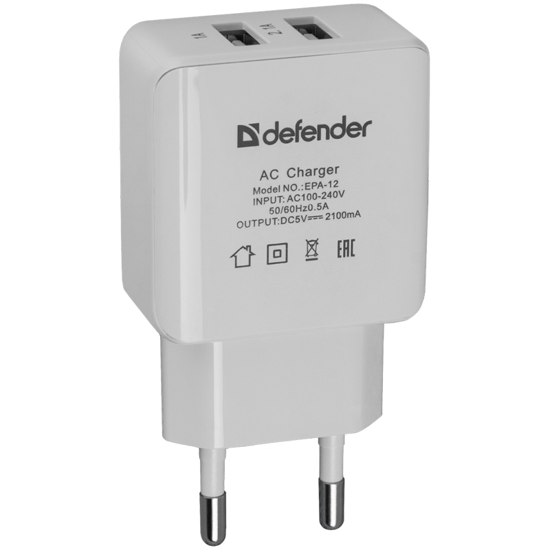 Зарядное устройство сетевое Defender EPA-12, 2хUSB, 2А output, серый