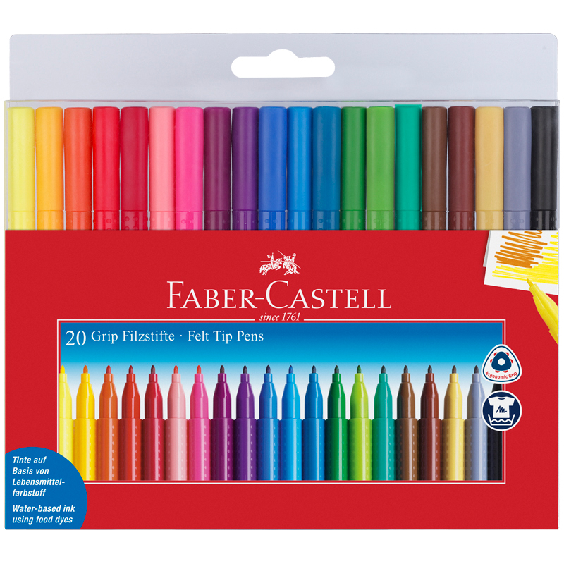 Фломастеры Faber-Castell "Grip", 20цв., трехгранные, смываемые, ПВХ, европодвес