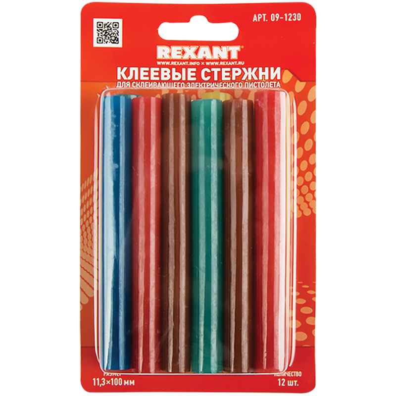 Клеевые стержни Rexant, диаметр 11мм, длина 100мм, цветные, набор 12шт., блистер