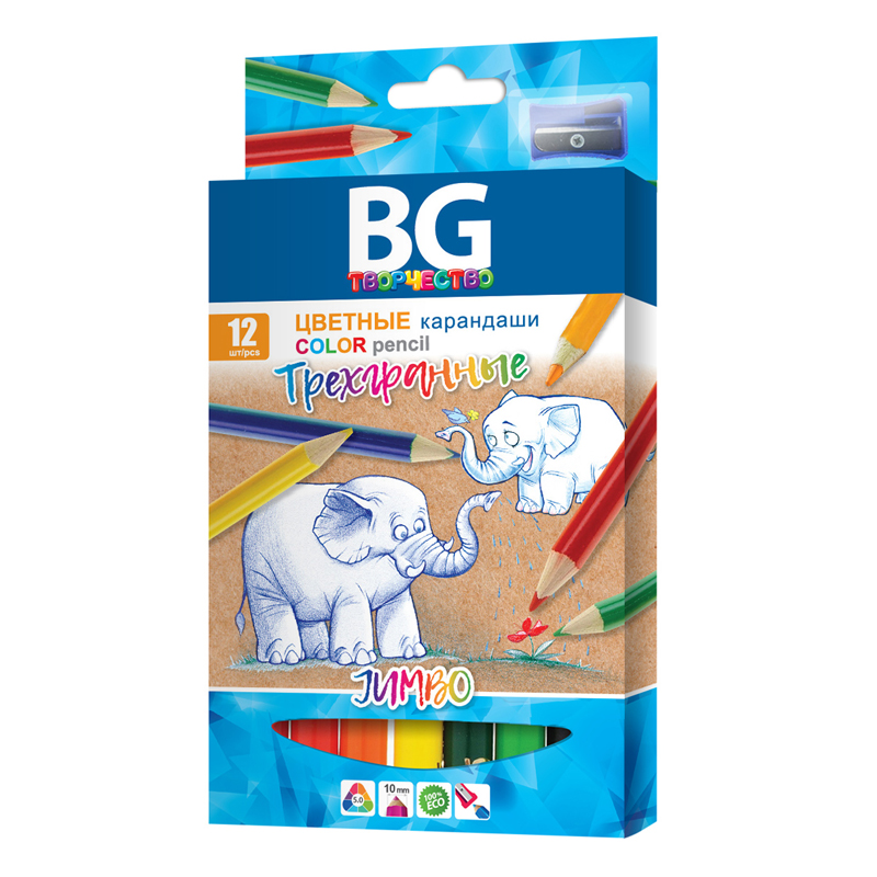 Карандаши цветные BG "Jumbo", 12цв., трехгранные, 5,0мм, европодвес