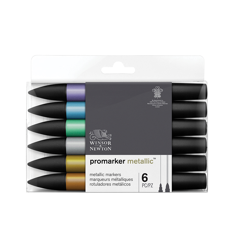 Маркер художественный двухсторонний Winsor&Newton "Promarker metallic", 6шт., пулевидный/утолщенный, 2мм/7мм