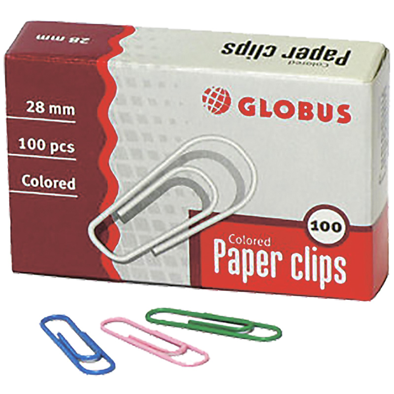 Скрепки 28мм, Globus, 100шт., цветные, полимерное покрытие, карт. упак