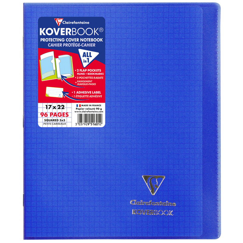 Бизнес-тетрадь 48л., 170*220мм, клетка Clairefontaine "Koverbook", пластик. обложка, темно-синяя, 90г/м2