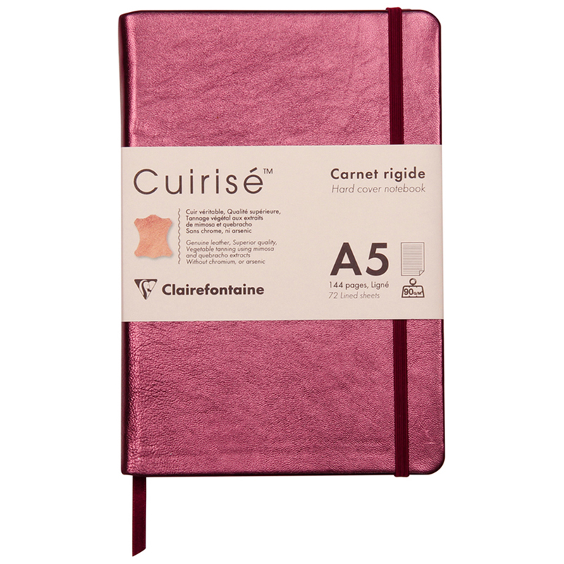 Записная книжка А5 72л. кожа, Clairefontaine "Cuiris. Cherry", 90г/м2, на резинке, ляссе, карман
