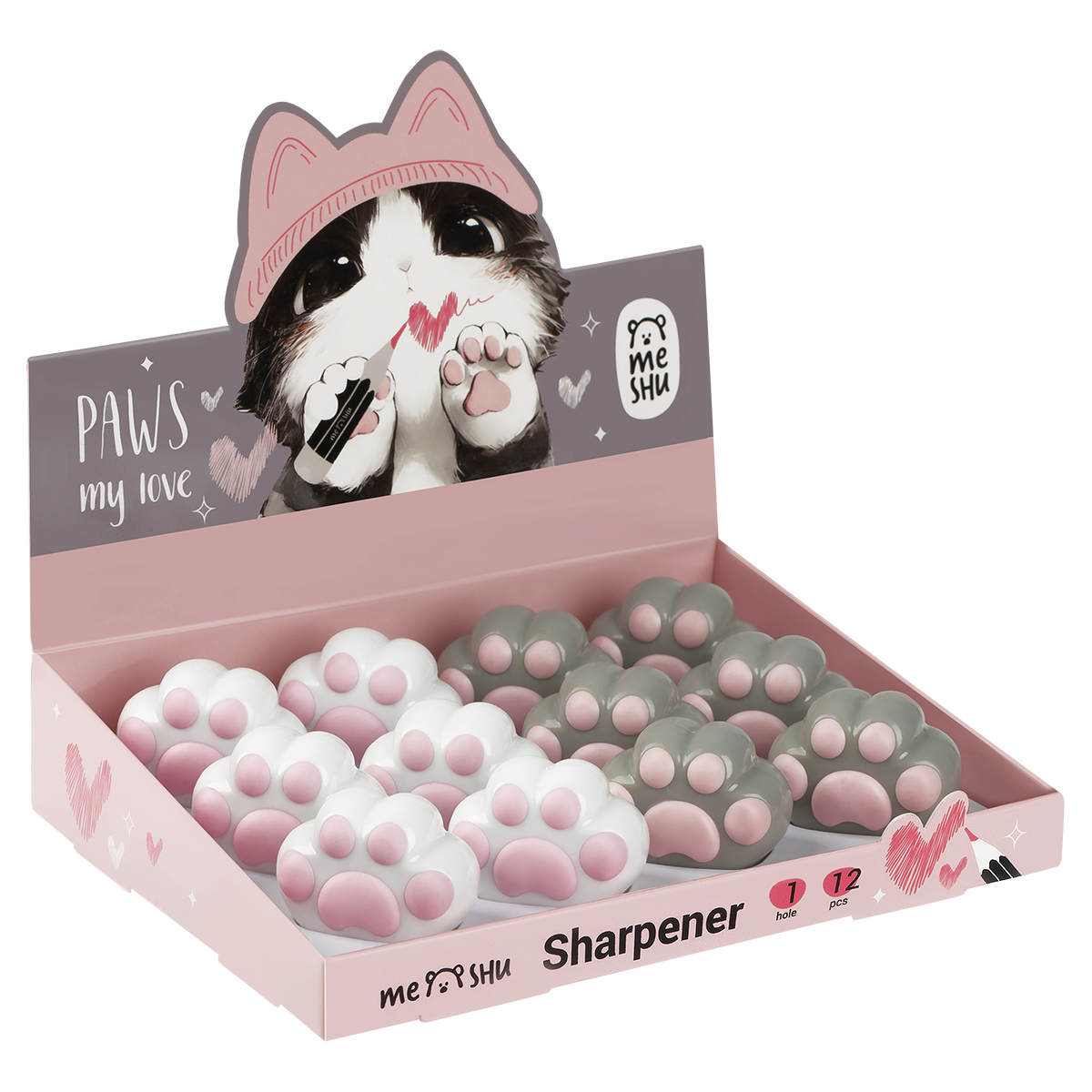 Точилка пластиковая MESHU "Little Paw", 1 отверстие, дисплей бокс, ассорти