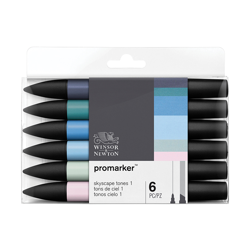 Набор художественных маркеров двухсторонних Winsor&Newton "Pro", 06цв., небесные оттенки, пулевидный/скошенный, 2мм/7мм