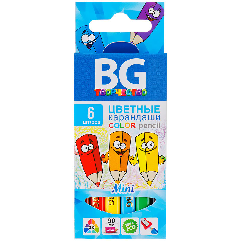 Карандаши цветные BG "Mini", 06цв., трехгран., 3,0мм, европодвес