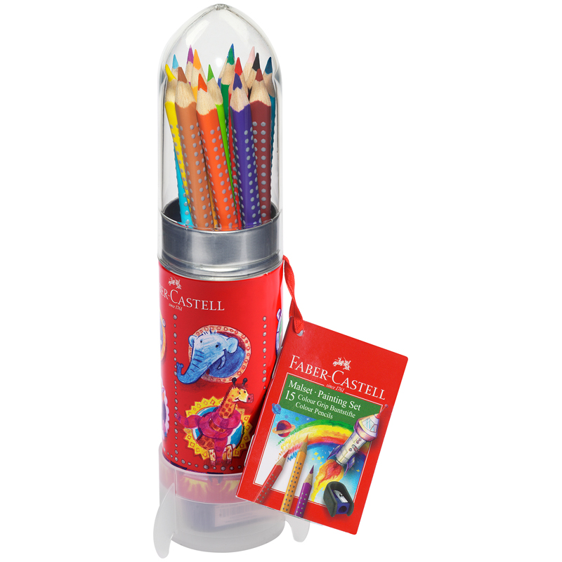 Карандаши цветные Faber-Castell "Grip", 15цв., трехгран., заточен.+ точилка, метал. кор. в форме ракеты