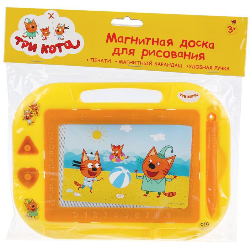 Доска для рисования магнитная Играем вместе "Три кота", с карандашом, 2 штампами, 21*15см