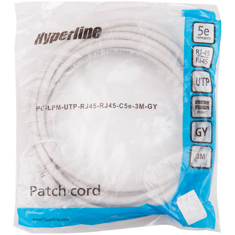 Патч-корд Hyperline PC-LPM-UTP-RJ45-RJ45-C5e-3M-GY UTP, Cat.5е, 3 м, серый