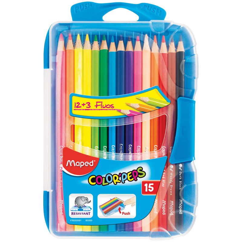 Карандаши Maped "Color Peps", 15цв+3 флуор. карандаша, трехгран., заточен., пластик. пенал