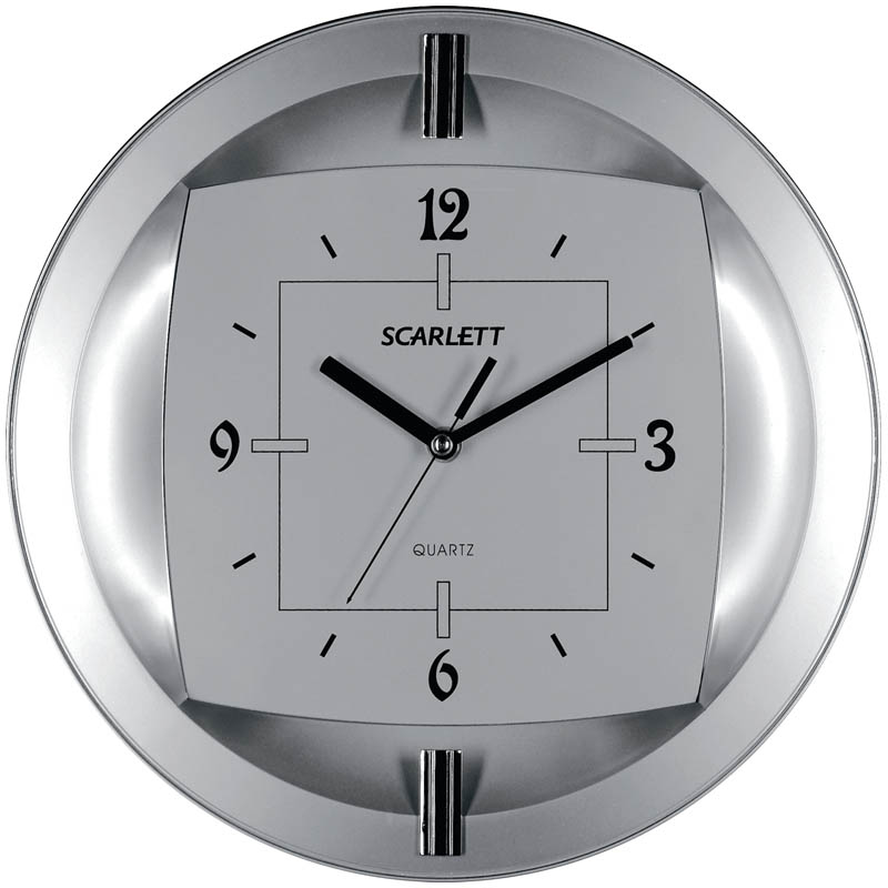 Часы настенные ход плавный, офисные Scarlett SC-55FT, круглые, 33*33*4,3, серебристая рамкка