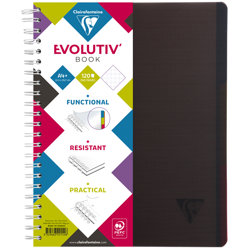 Бизнес-тетрадь 120л., А4+, клетка на гребне Clairefontaine "Evolutiv'Book", пластик. обложка, черная, 90г/м2