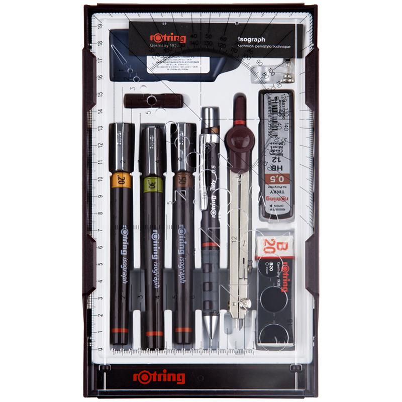 Набор изографов Rotring 0,2/0,3/0,5мм, мех. карандаш 0,5мм, циркуль, грифели, ластик, насадка для циркуля