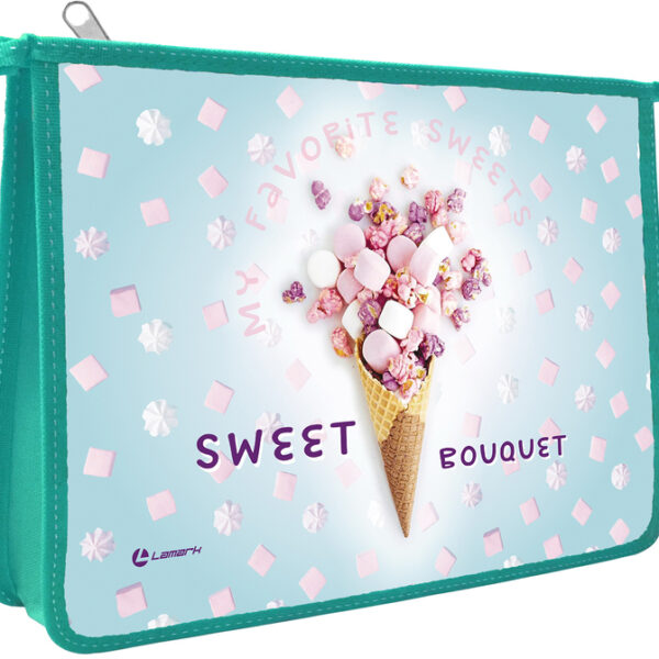 Папка для тетрадей Lamark Sweet bouquet/Сладкий букет, А4, 1 отд., молния сверху, лам. картон с объемным тиснением, рисунок с двух сторон