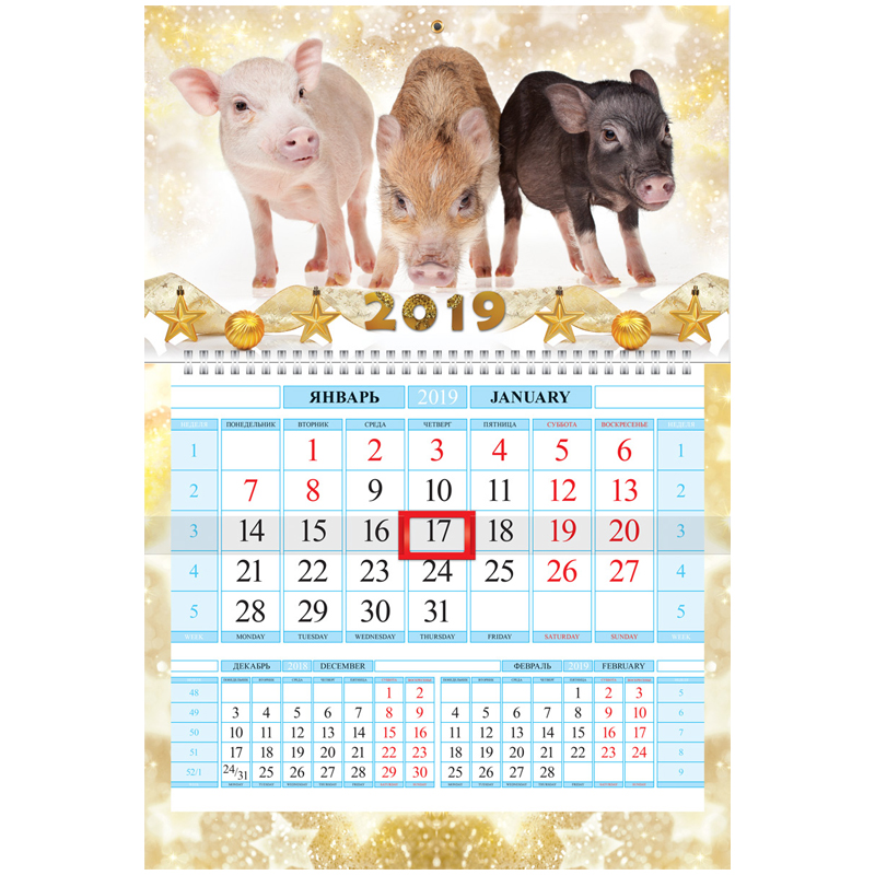 Календарь кварт. 1 бл. на 1 гр. Hatber "Соло-Люкс" – Знак Года, с бегунком, 2019г.