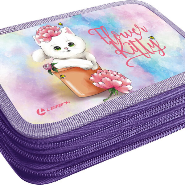 Пенал Lamark Flower Kitty/Котёнок с цветком, 3 отделения, 125х205х55 мм, ламинированный картон, три молнии