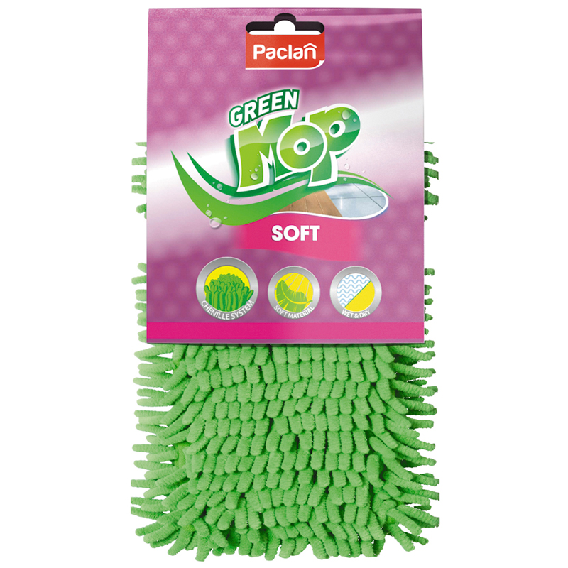 Насадка МОП для швабры Paclan "Green Mop Soft", микрофибра (шенилл), плоский МОП, 39*10см