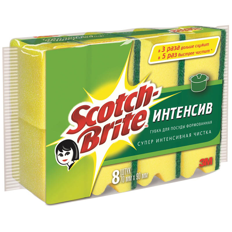 Губки для посуды Scotch-Brite, поролон с абразивным слоем, с выемкой для пальцев, 7*9см, 8шт.